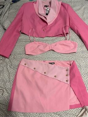 Pink Two-Tone Cropped Blazer, Bustier & Skirt Set